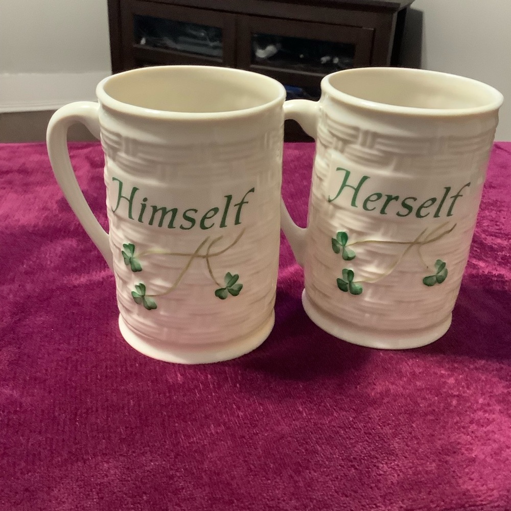 Belleek Himself and Herself Irish porcelain mugs